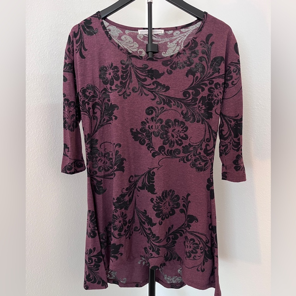 🌿 Peruvian Connection Burgundy Tunic | Floral 3/4 Sleeve Lightweight Top